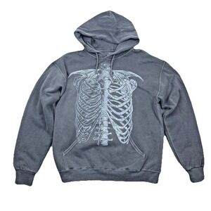 Social Collision‎ Mens S/M Gray Skeleton Ribcage Graphic Goth Hoodie Sweatshirt